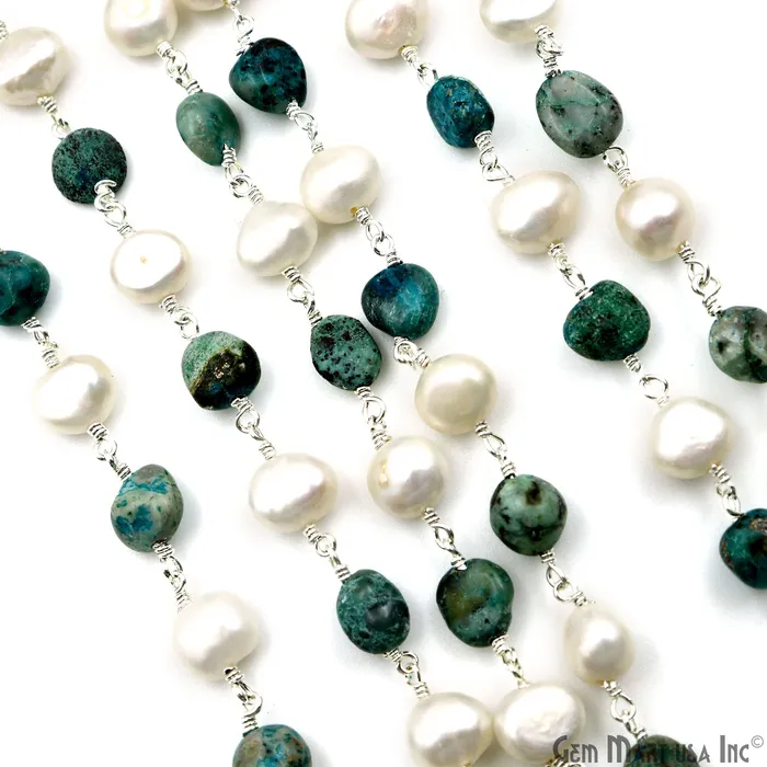 Necklaces GemMartUSA Chrysocolla Tumble Beads 8x5mm Pearl 78mm Beads Silver Plated Rosary Chain Necklaces GemMartUSA Chrysocolla Tumble Beads 8x5mm Pearl 78mm Beads Silver Plated Rosary Chain