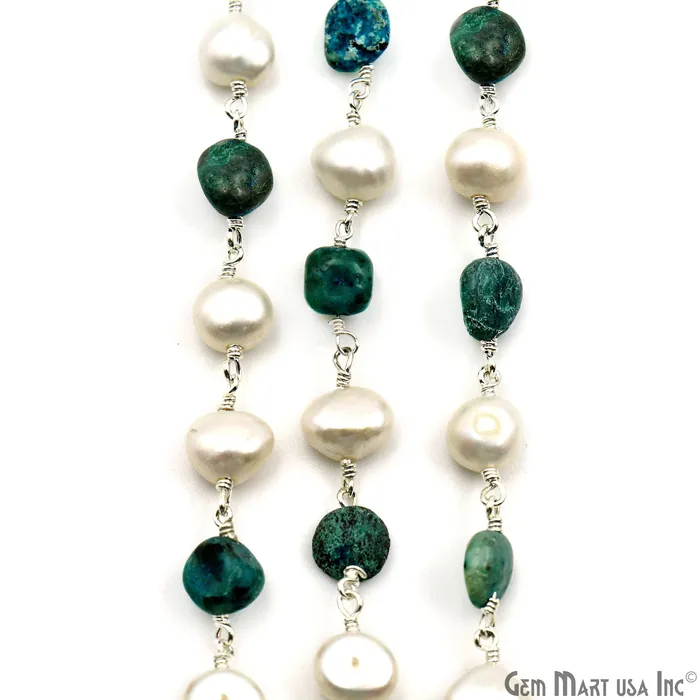 Necklaces GemMartUSA Chrysocolla Tumble Beads 8x5mm Pearl 78mm Beads Silver Plated Rosary Chain Necklaces GemMartUSA Chrysocolla Tumble Beads 8x5mm Pearl 78mm Beads Silver Plated Rosary Chain