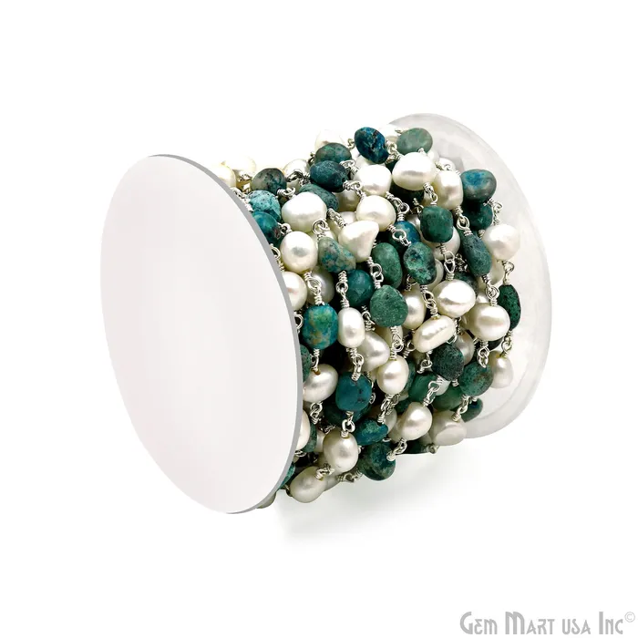 Necklaces GemMartUSA Chrysocolla Tumble Beads 8x5mm Pearl 78mm Beads Silver Plated Rosary Chain Necklaces GemMartUSA Chrysocolla Tumble Beads 8x5mm Pearl 78mm Beads Silver Plated Rosary Chain