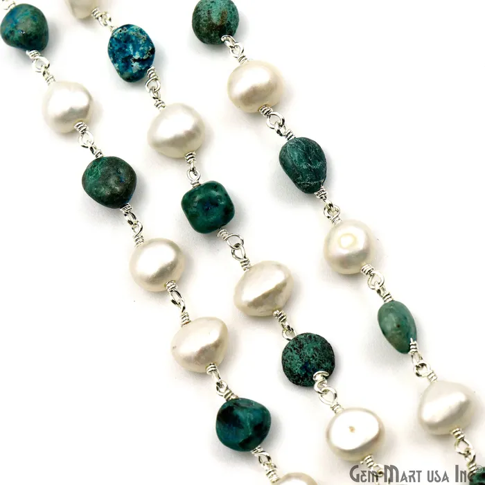Necklaces GemMartUSA Chrysocolla Tumble Beads 8x5mm Pearl 78mm Beads Silver Plated Rosary Chain Necklaces GemMartUSA Chrysocolla Tumble Beads 8x5mm Pearl 78mm Beads Silver Plated Rosary Chain