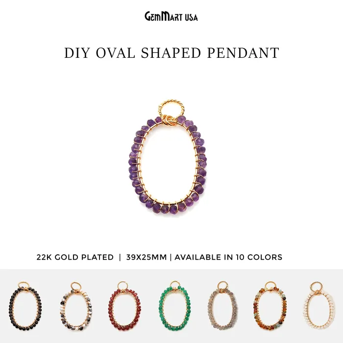 Necklaces GemmartUSA DIY Gemstone Beaded Wire Wrapped 39x25mm Oval Gold Pendant Connector Necklaces GemmartUSA DIY Gemstone Beaded Wire Wrapped 39x25mm Oval Gold Pendant Connector