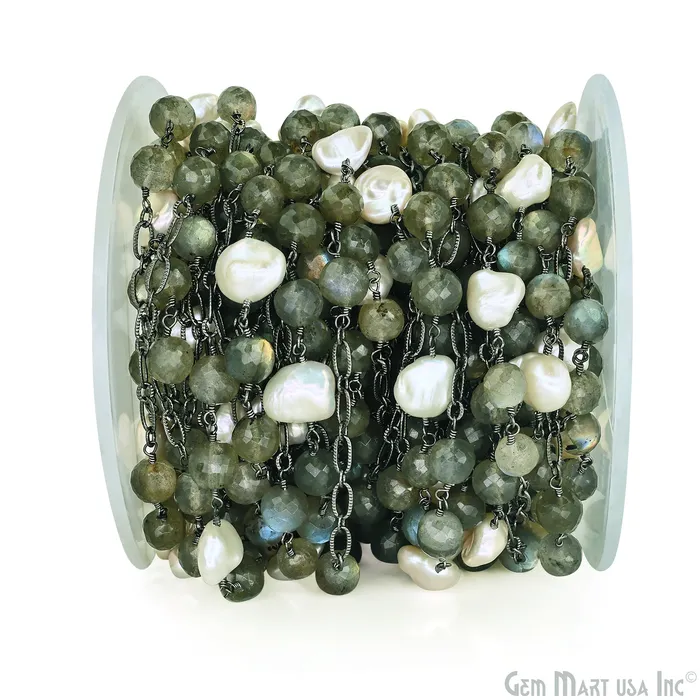 Necklaces GemMartUSA Labradorite Pearl Round Beads Oxidized Finding Rosary Chain Necklaces GemMartUSA Labradorite Pearl Round Beads Oxidized Finding Rosary Chain