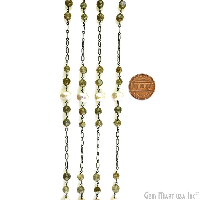 Necklaces GemMartUSA Labradorite Pearl Round Beads Oxidized Finding Rosary Chain