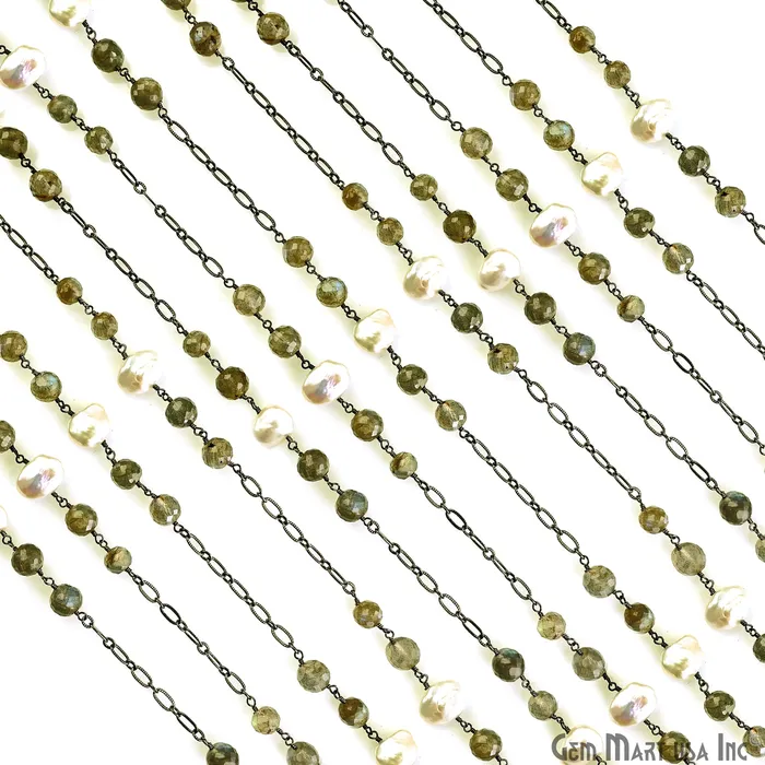 Necklaces GemMartUSA Labradorite Pearl Round Beads Oxidized Finding Rosary Chain