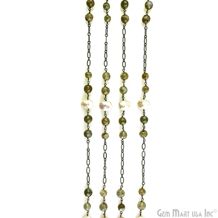 Necklaces GemMartUSA Labradorite Pearl Round Beads Oxidized Finding Rosary Chain