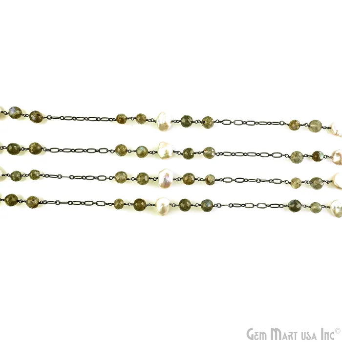 Necklaces GemMartUSA Labradorite Pearl Round Beads Oxidized Finding Rosary Chain