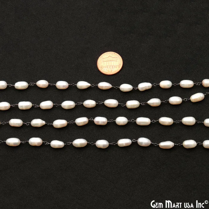 Necklaces GemMartUSA Pearl Oval 6x8mm Oxidized Wire Wrapped Rosary Chain Necklaces GemMartUSA Pearl Oval 6x8mm Oxidized Wire Wrapped Rosary Chain