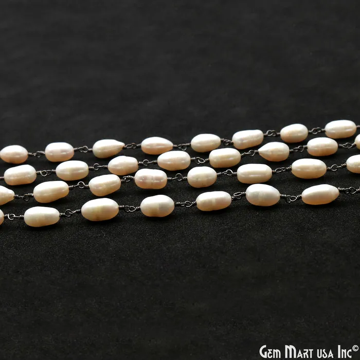 Necklaces GemMartUSA Pearl Oval 6x8mm Oxidized Wire Wrapped Rosary Chain Necklaces GemMartUSA Pearl Oval 6x8mm Oxidized Wire Wrapped Rosary Chain