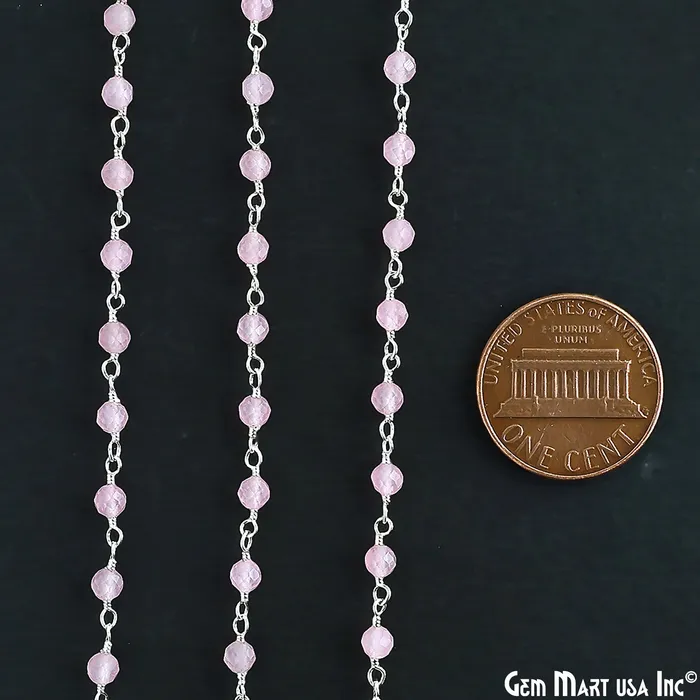 Necklaces GemMartUSA Rose Quartz 3mm Silver Plated Beaded Wire Wrapped Rosary Chain
