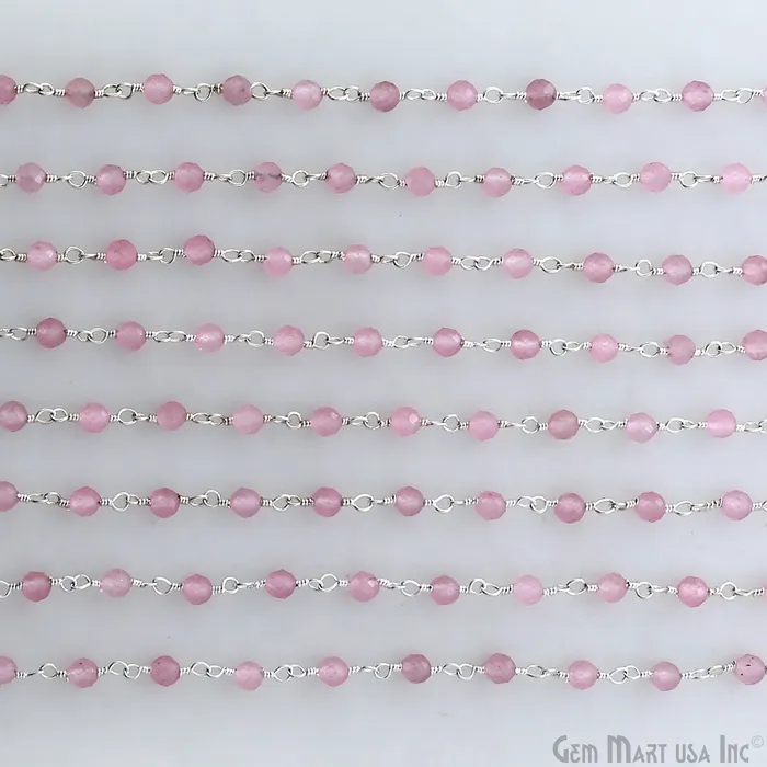 Necklaces GemMartUSA Rose Quartz 3mm Silver Plated Beaded Wire Wrapped Rosary Chain