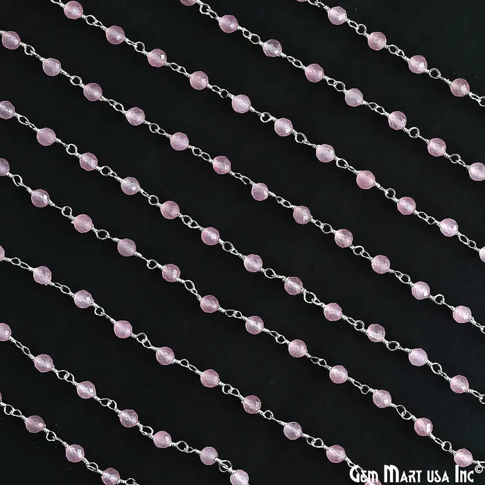 Necklaces GemMartUSA Rose Quartz 3mm Silver Plated Beaded Wire Wrapped Rosary Chain