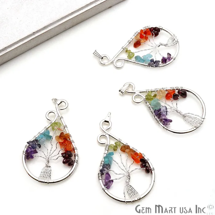 Necklaces GemmartUSA Tree of Life Multi Color Silver Wire Wrapped 57x33mm Pears Chakra Pendant Necklaces GemmartUSA Tree of Life Multi Color Silver Wire Wrapped 57x33mm Pears Chakra Pendant