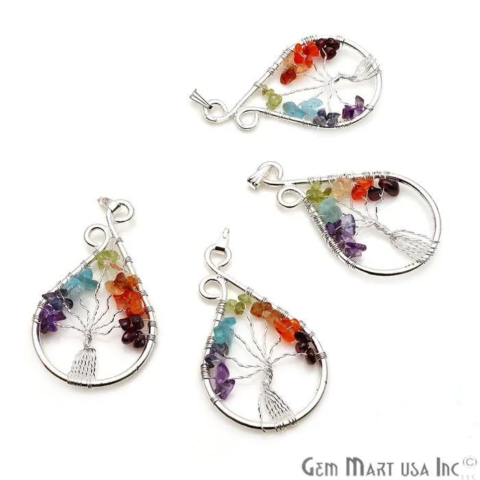 Necklaces GemmartUSA Tree of Life Multi Color Silver Wire Wrapped 57x33mm Pears Chakra Pendant Necklaces GemmartUSA Tree of Life Multi Color Silver Wire Wrapped 57x33mm Pears Chakra Pendant