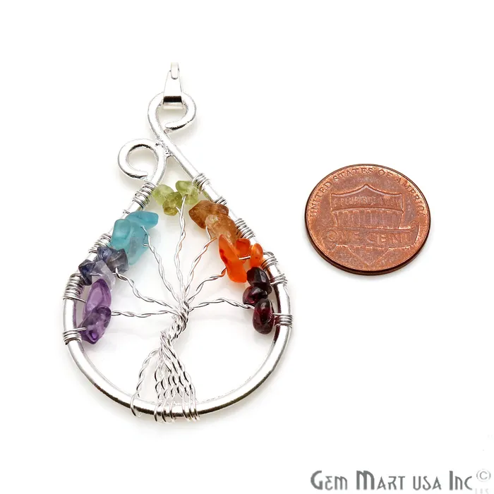 Necklaces GemmartUSA Tree of Life Multi Color Silver Wire Wrapped 57x33mm Pears Chakra Pendant Necklaces GemmartUSA Tree of Life Multi Color Silver Wire Wrapped 57x33mm Pears Chakra Pendant