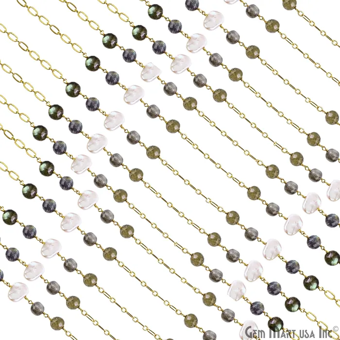 Necklaces Labradorite Pearl Round Beads Gold Plated Finding Rosary Chain GemMartUSA