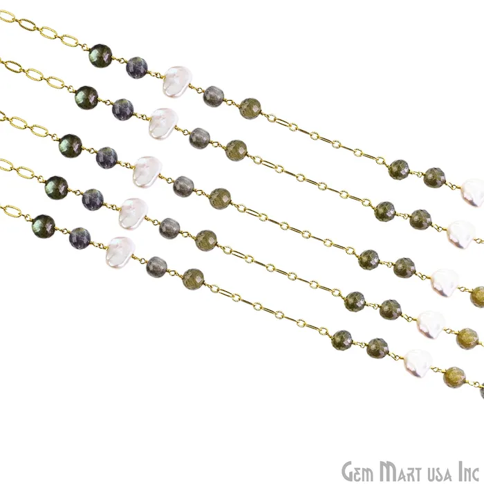 Necklaces Labradorite Pearl Round Beads Gold Plated Finding Rosary Chain GemMartUSA