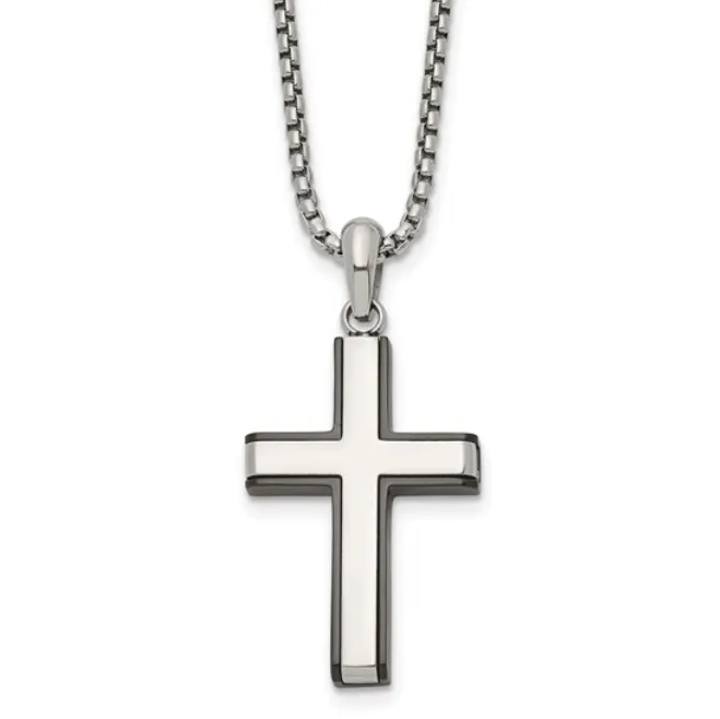 Necklaces Quality Gold Stainless Steel Black Enamel Cross on Box Chain Necklace I7055 Necklaces Quality Gold Stainless Steel Black Enamel Cross on Box Chain Necklace I7055