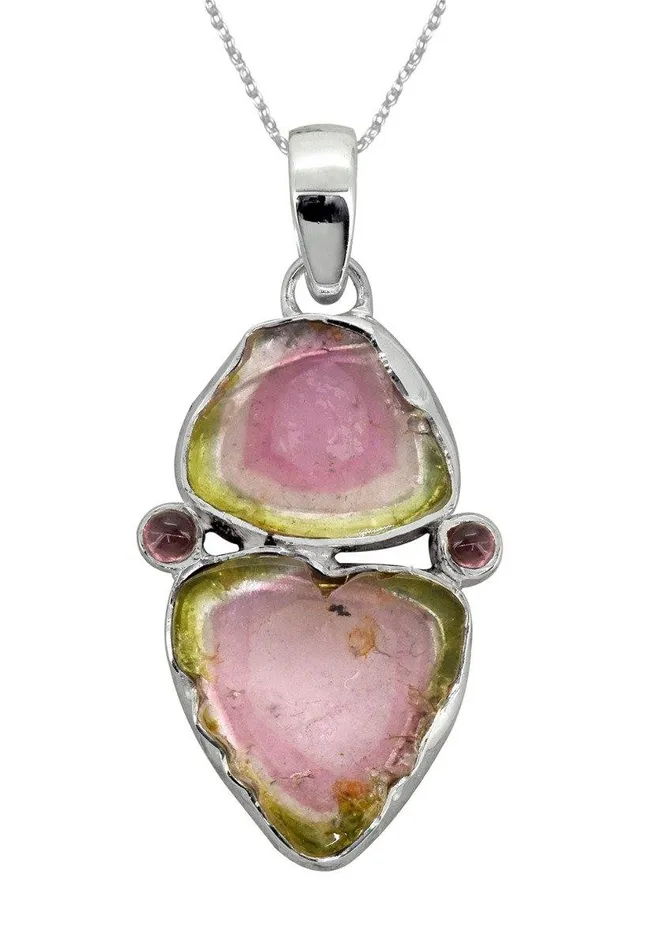 Necklaces YoTreasure Watermelon Tourmaline Solid 925 Sterling Silver Long Chain Pendant Necklaces YoTreasure Watermelon Tourmaline Solid 925 Sterling Silver Long Chain Pendant