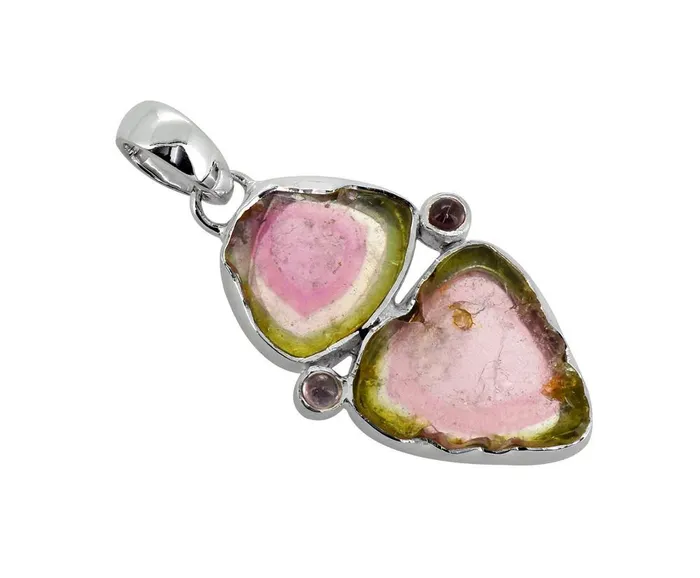 Necklaces YoTreasure Watermelon Tourmaline Solid 925 Sterling Silver Long Chain Pendant Necklaces YoTreasure Watermelon Tourmaline Solid 925 Sterling Silver Long Chain Pendant