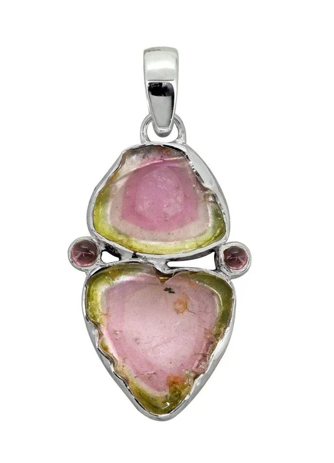 Necklaces YoTreasure Watermelon Tourmaline Solid 925 Sterling Silver Long Chain Pendant Necklaces YoTreasure Watermelon Tourmaline Solid 925 Sterling Silver Long Chain Pendant