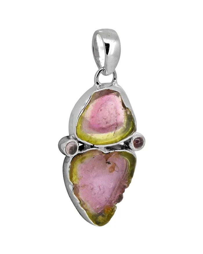 Necklaces YoTreasure Watermelon Tourmaline Solid 925 Sterling Silver Long Chain Pendant Necklaces YoTreasure Watermelon Tourmaline Solid 925 Sterling Silver Long Chain Pendant
