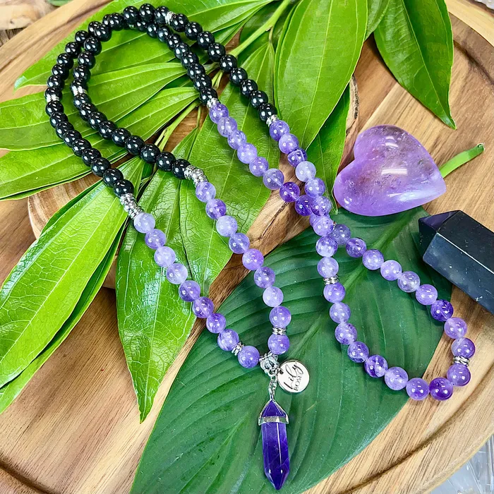 Only 3 Left African Amethyst Elite Shungite Third Eye Purify Premium Collection 108 Mala Necklace Bracelet Lily Rose Jewelry Bracelets
