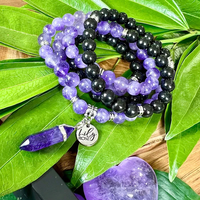 Only 3 Left African Amethyst Elite Shungite Third Eye Purify Premium Collection 108 Mala Necklace Bracelet Lily Rose Jewelry Bracelets