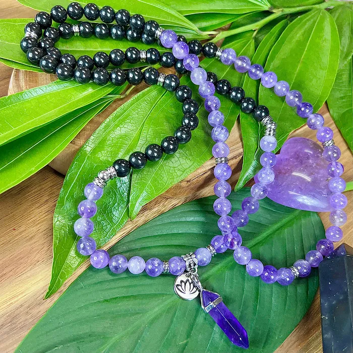 Only 3 Left African Amethyst Elite Shungite Third Eye Purify Premium Collection 108 Mala Necklace Bracelet Lily Rose Jewelry Bracelets