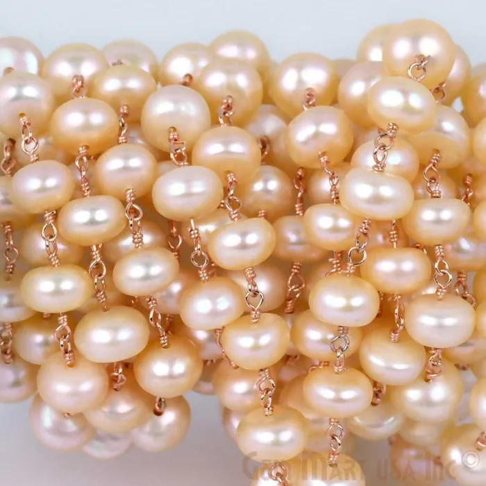 Pink Pearl 7mm Rose Gold Plated Wire Wrapped Bead Fancy Rosary Chain GemMartUSA Necklaces Pink Pearl 7mm Rose Gold Plated Wire Wrapped Bead Fancy Rosary Chain GemMartUSA Necklaces