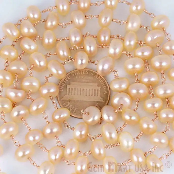 Pink Pearl 7mm Rose Gold Plated Wire Wrapped Bead Fancy Rosary Chain GemMartUSA Necklaces