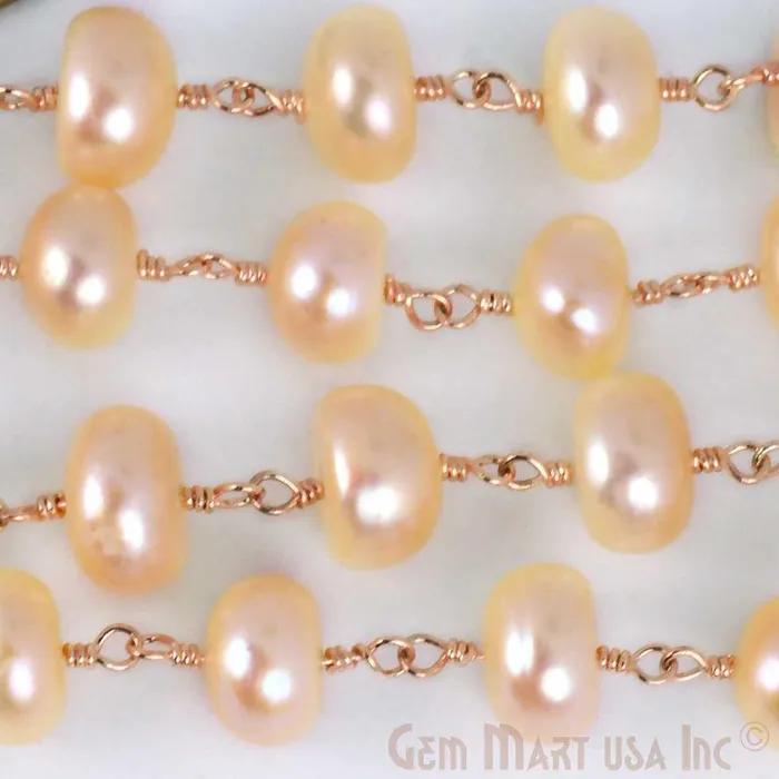 Pink Pearl 7mm Rose Gold Plated Wire Wrapped Bead Fancy Rosary Chain GemMartUSA Necklaces