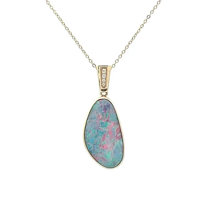 PreStyled Sets Australian Opal Doublet Pendant set in 14K Yellow Gold Australian Opal Cutters PreStyled Sets Australian Opal Doublet Pendant set in 14K Yellow Gold Australian Opal Cutters
