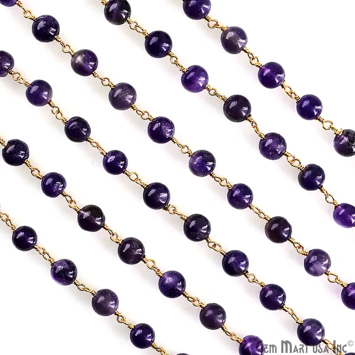 PreStyled Sets GemMartUSA Amethyst 6mm Cabochon Beads Gold Wire Wrapped Rosary Chain PreStyled Sets GemMartUSA Amethyst 6mm Cabochon Beads Gold Wire Wrapped Rosary Chain