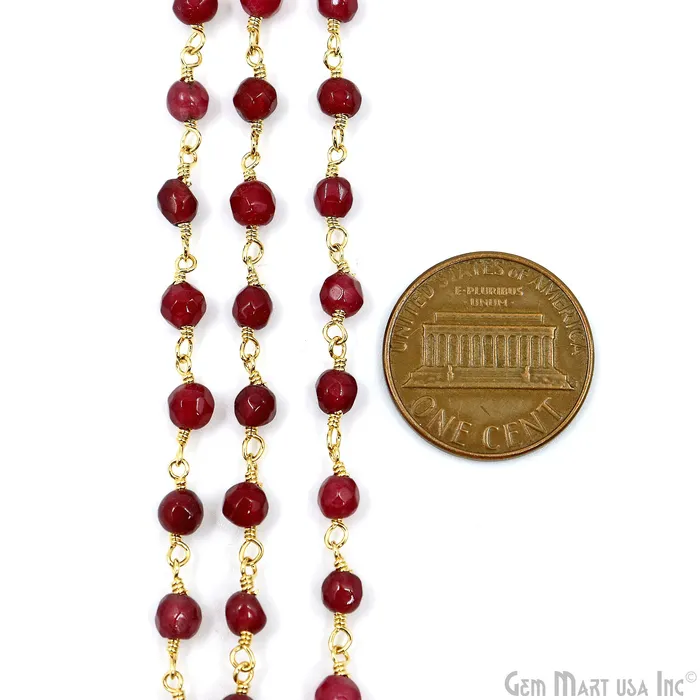 PreStyled Sets GemMartUSA Dark Cherry Jade Beads 4mm Gold Plated Wire Wrapped Rosary Chain