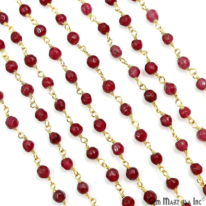 PreStyled Sets GemMartUSA Dark Cherry Jade Beads 4mm Gold Plated Wire Wrapped Rosary Chain