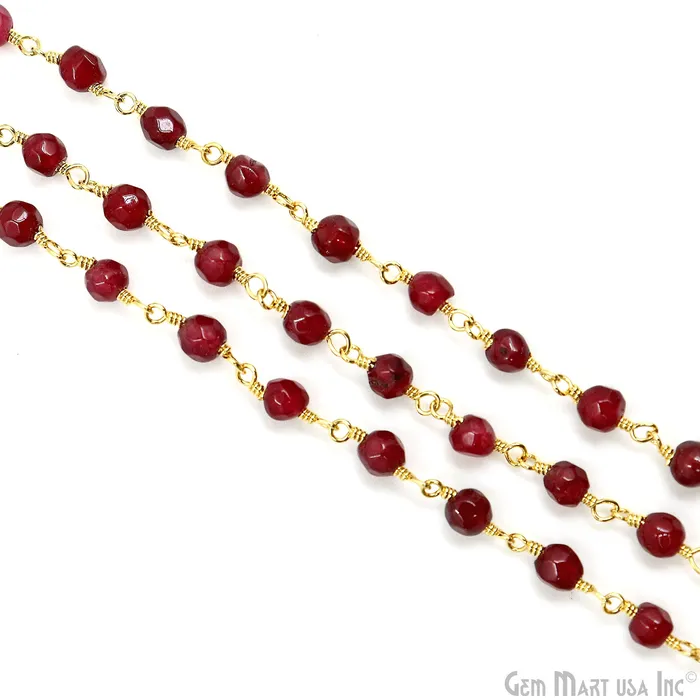 PreStyled Sets GemMartUSA Dark Cherry Jade Beads 4mm Gold Plated Wire Wrapped Rosary Chain