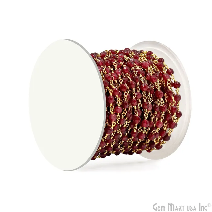 PreStyled Sets GemMartUSA Dark Cherry Jade Beads 4mm Gold Plated Wire Wrapped Rosary Chain