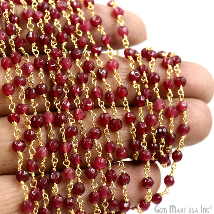PreStyled Sets GemMartUSA Dark Cherry Jade Beads 4mm Gold Plated Wire Wrapped Rosary Chain