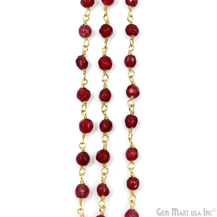 PreStyled Sets GemMartUSA Dark Cherry Jade Beads 4mm Gold Plated Wire Wrapped Rosary Chain