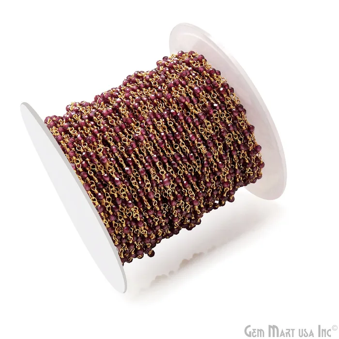 PreStyled Sets GemMartUSA Garnet Faceted 253mm Gold Plated Beaded Wire Wrapped Rosary Chain