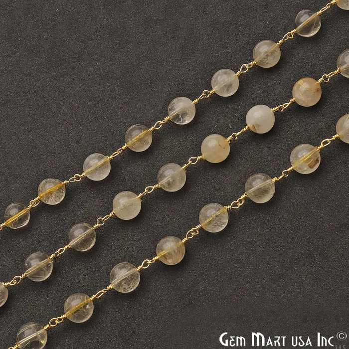 PreStyled Sets GemmartUSA Golden Rutile Smooth Beads 8mm Gold Plated Wire Wrapped Rosary Chain PreStyled Sets GemmartUSA Golden Rutile Smooth Beads 8mm Gold Plated Wire Wrapped Rosary Chain