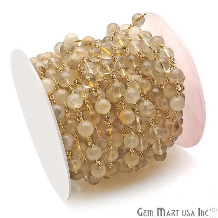 PreStyled Sets GemmartUSA Golden Rutile Smooth Beads 8mm Gold Plated Wire Wrapped Rosary Chain PreStyled Sets GemmartUSA Golden Rutile Smooth Beads 8mm Gold Plated Wire Wrapped Rosary Chain
