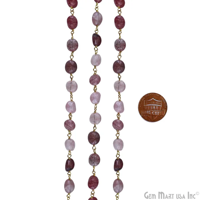 PreStyled Sets GemMartUSA Strawberry Quartz 8x5mm Tumble Beads Gold Plated Rosary Chain PreStyled Sets GemMartUSA Strawberry Quartz 8x5mm Tumble Beads Gold Plated Rosary Chain