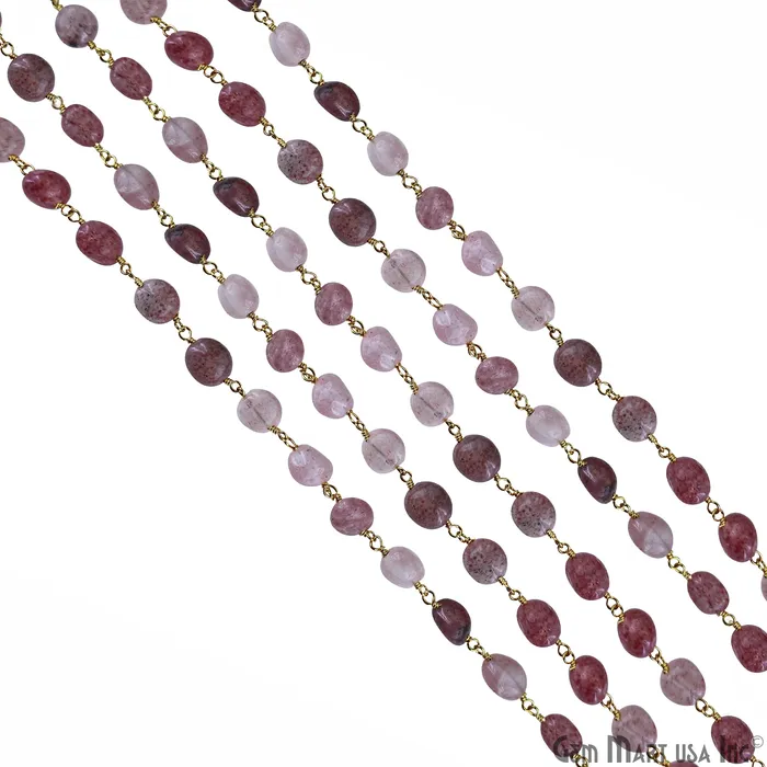 PreStyled Sets GemMartUSA Strawberry Quartz 8x5mm Tumble Beads Gold Plated Rosary Chain PreStyled Sets GemMartUSA Strawberry Quartz 8x5mm Tumble Beads Gold Plated Rosary Chain