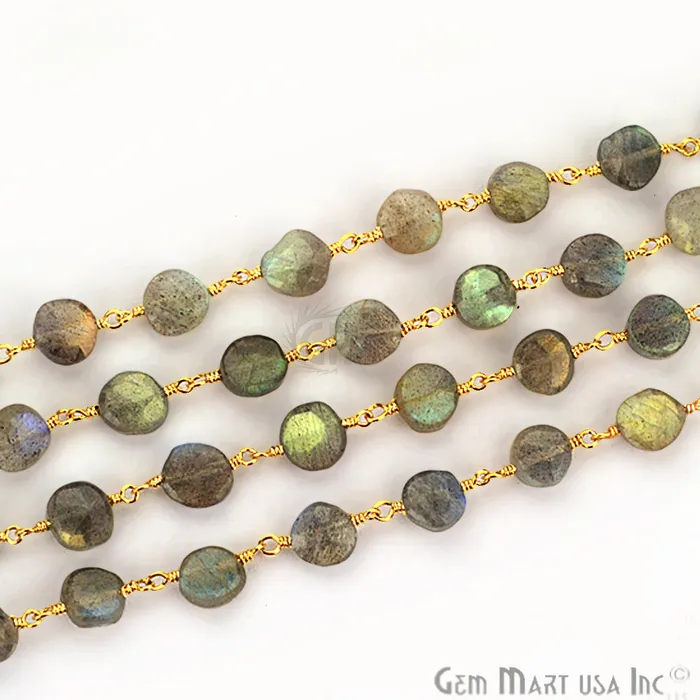 PreStyled Sets Labradorite Coin Gold Plated Wire Wrapped Beads Rosary Chain GemMartUSA