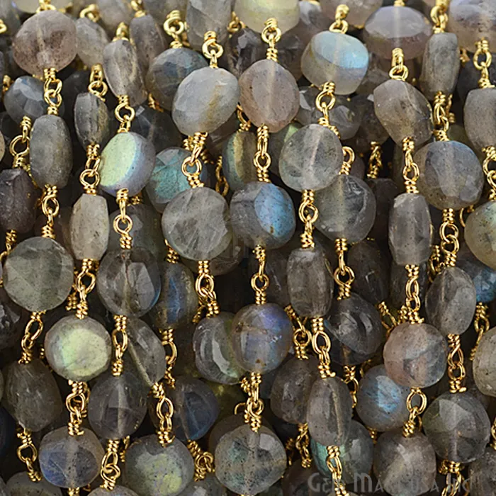 PreStyled Sets Labradorite Coin Gold Plated Wire Wrapped Beads Rosary Chain GemMartUSA