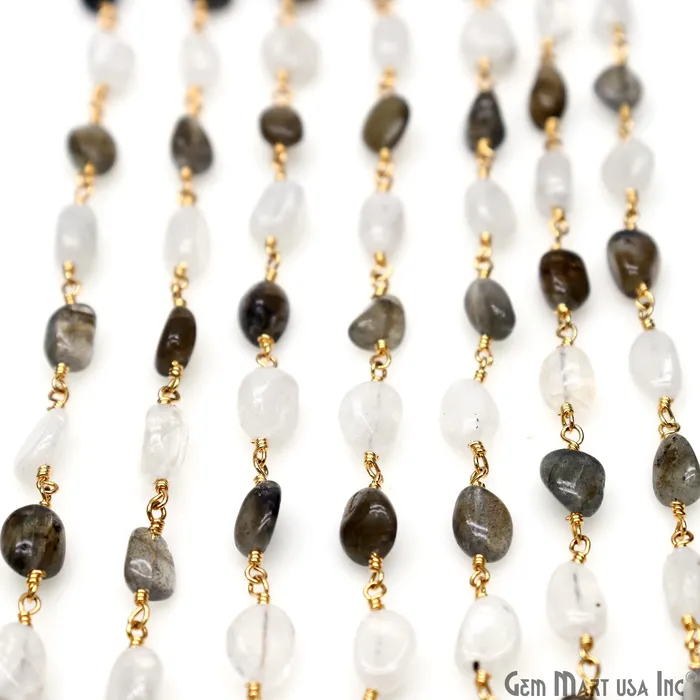 Rainbow Moonstone Labradorite Tumble Beads 8x5mm Beads Gold Plated Rosary Chain GemMartUSA Necklaces Rainbow Moonstone Labradorite Tumble Beads 8x5mm Beads Gold Plated Rosary Chain GemMartUSA Necklaces
