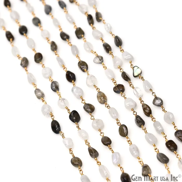 Rainbow Moonstone Labradorite Tumble Beads 8x5mm Beads Gold Plated Rosary Chain GemMartUSA Necklaces Rainbow Moonstone Labradorite Tumble Beads 8x5mm Beads Gold Plated Rosary Chain GemMartUSA Necklaces