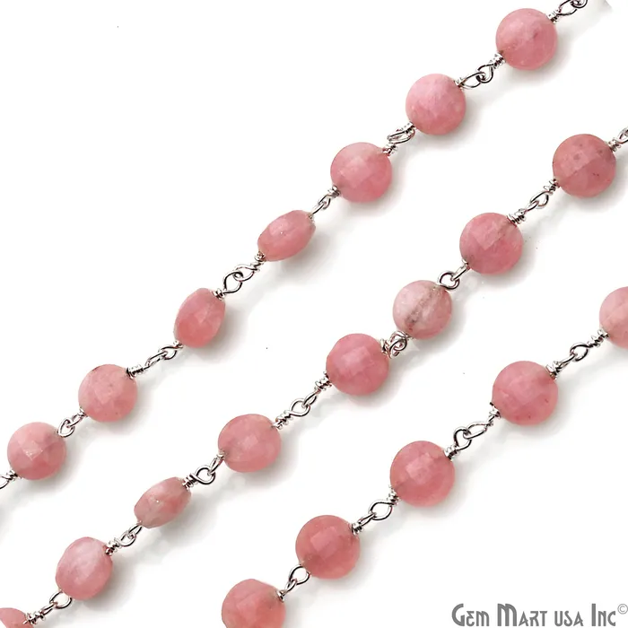 Rhodochrosite Coin Faceted 6mm Silver Wire Wrapped Rosary Chain GemMartUSA Necklaces