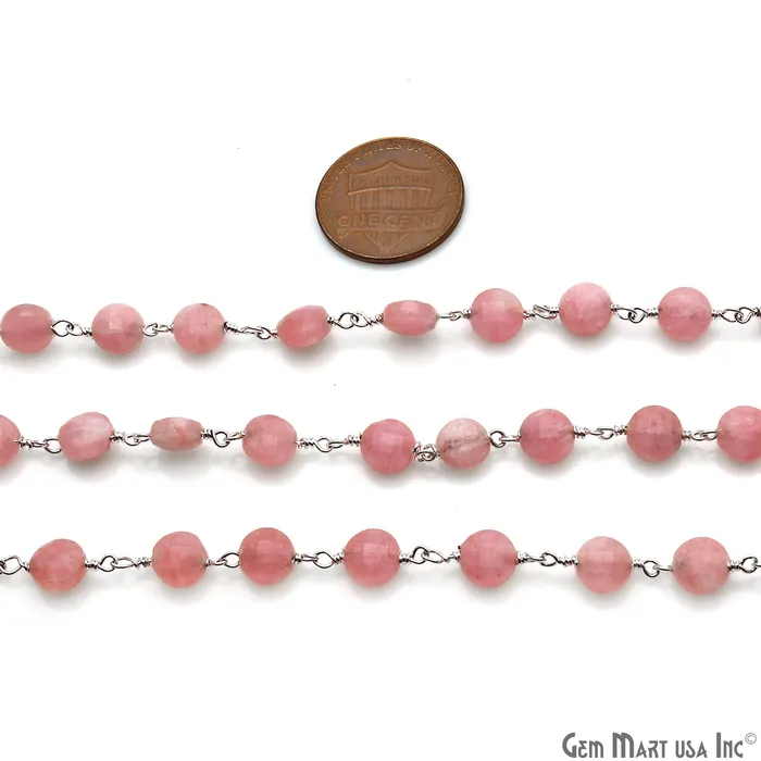 Rhodochrosite Coin Faceted 6mm Silver Wire Wrapped Rosary Chain GemMartUSA Necklaces